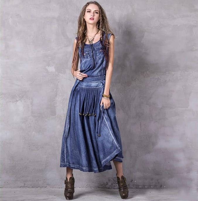 Embroidery Sleeve Boho Overall Denim Dress - TeresaCollections