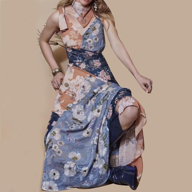 Irregular Floral Print High Waist Off Shoulder Sleeveless Dress - TeresaCollections