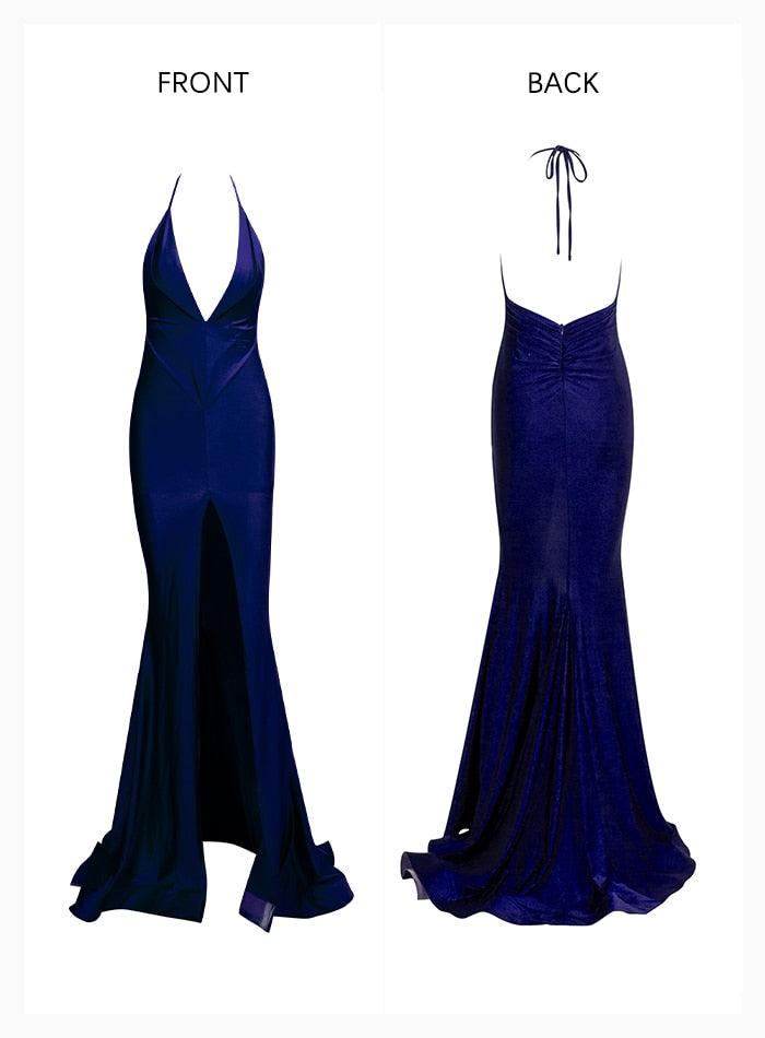 Sexy Navy Deep V-Neck Open Back Bodycon Formal Evening Dress - TeresaCollections