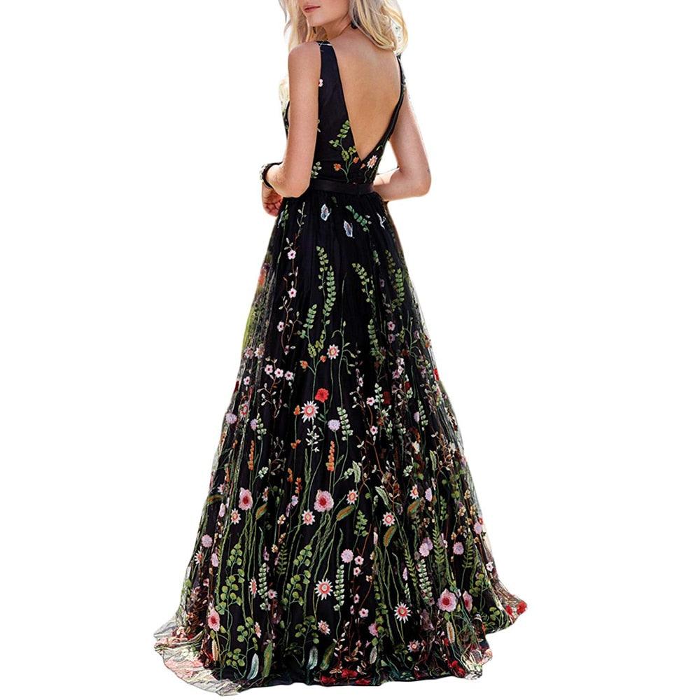 Black Tulle With Flower Embroidery Evening Dress - TeresaCollections