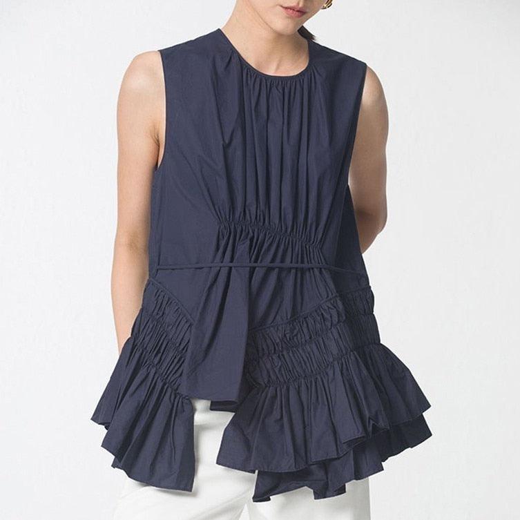Sleeveless  Round Neck Irregular Ruched Blouse - TeresaCollections