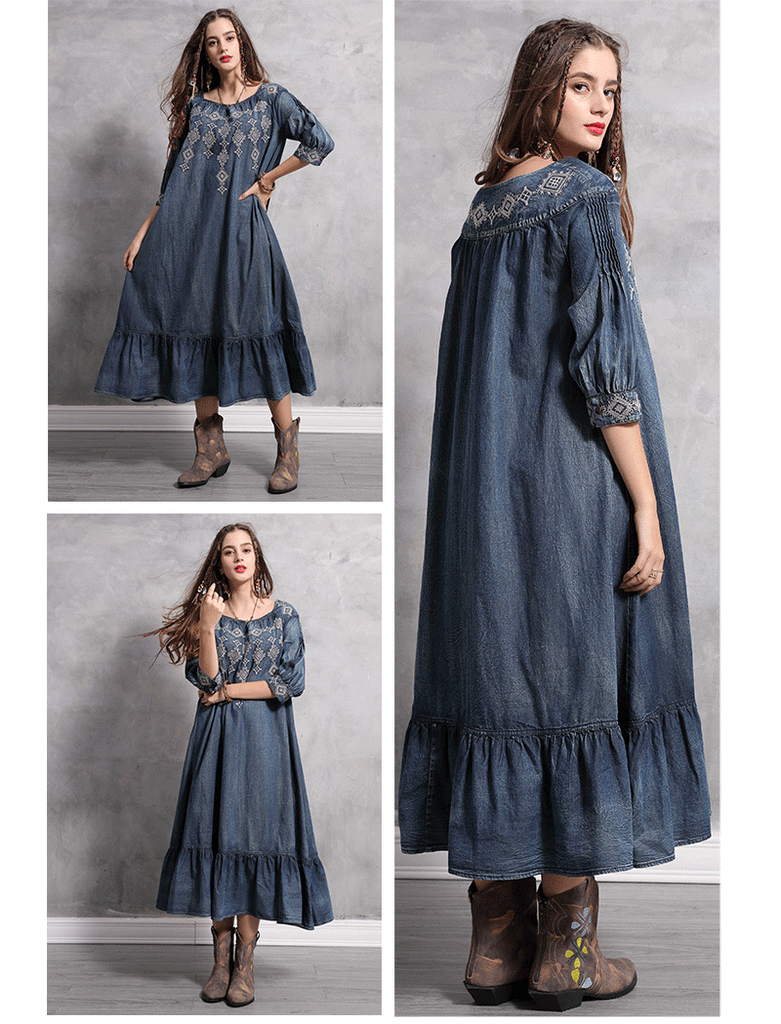 A-line Vintage Embroidery Loose Denim Dress - TeresaCollections