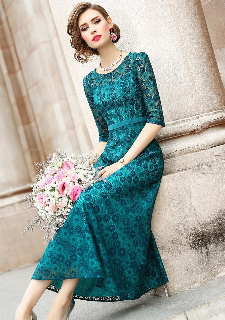 Green Vintage Solid Lace  A Line Dress - TeresaCollections