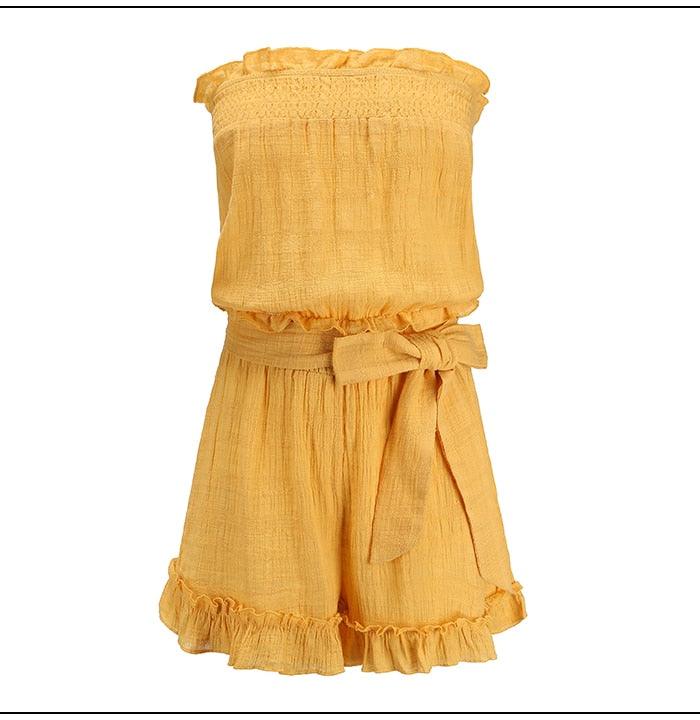 Yellow Elastic Waist Summer Sexy off Shoulder Rompers - TeresaCollections