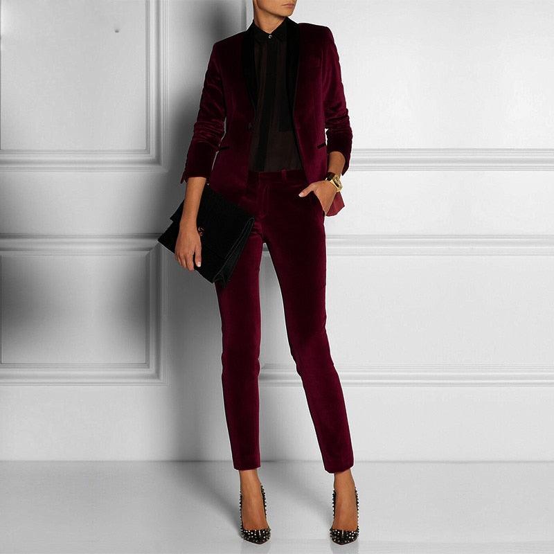 Wine Red Velvet Women Tuxedos Formal Pant Suits