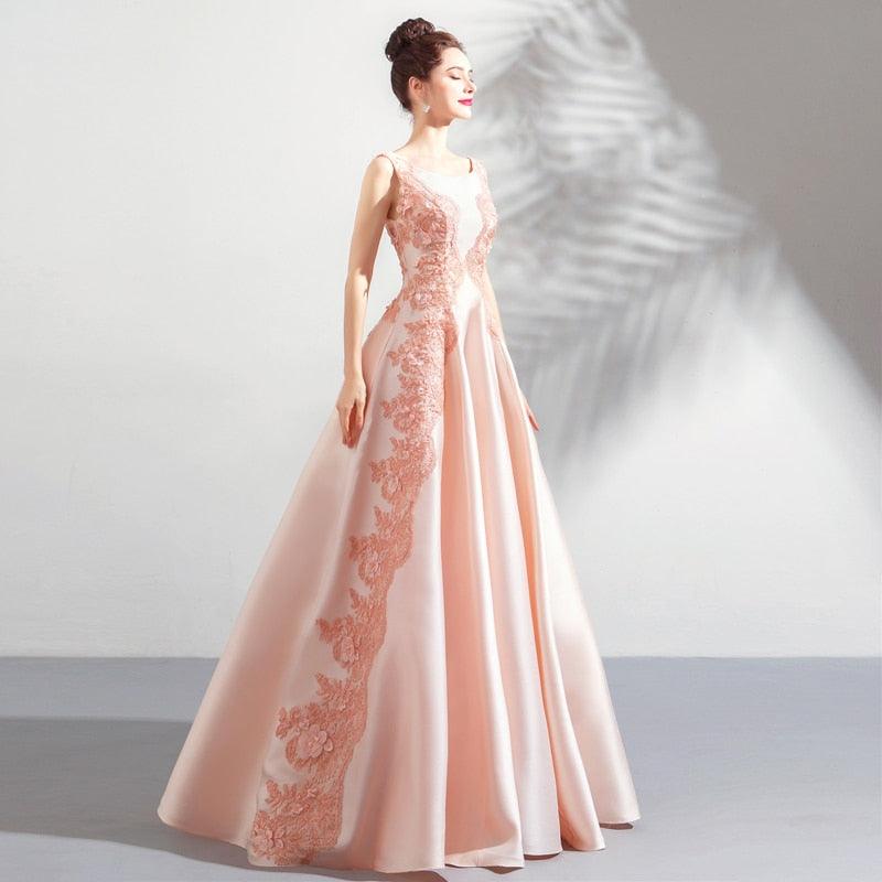 Light Pink Elegance Satin Lace Sleeveless Evening Dress - TeresaCollections