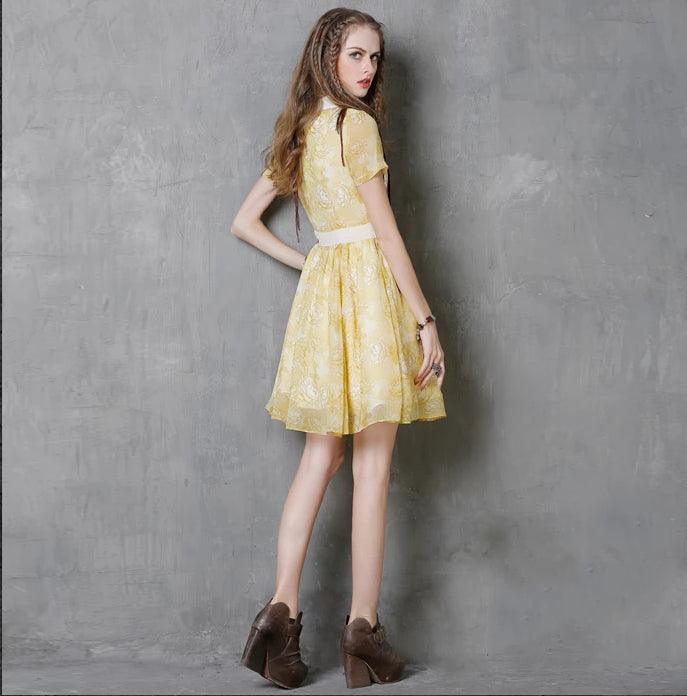 Yellow Short Sleeve Peter Pan Collar Floral Print Dress - TeresaCollections