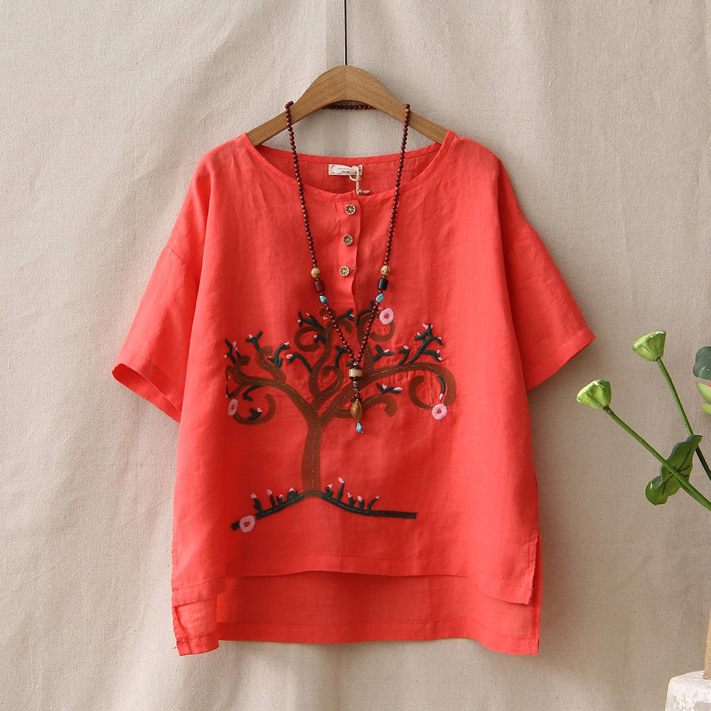 Retro Linen Embroidery Tree Pattern Loose Casual Summer Blouse