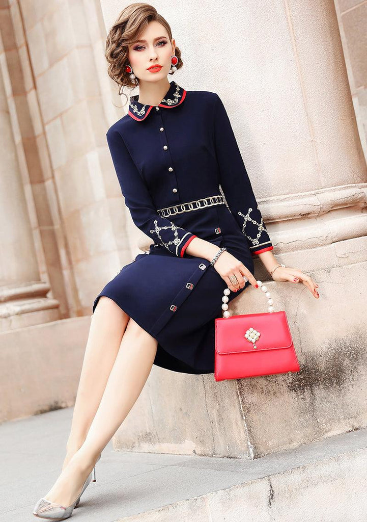 Black Embroidery Long Sleeve Plus Size Vintage Solid Business Work Wear Dress - TeresaCollections