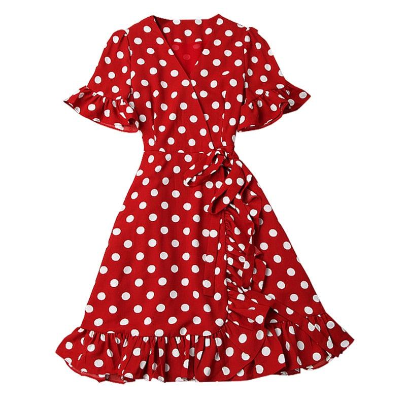 Red Polka Dot Wrap Bow Elegant Dress - TeresaCollections