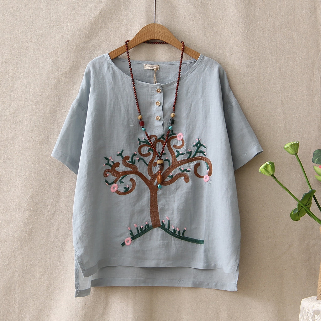 Retro Linen Embroidery Tree Pattern Loose Casual Summer Blouse