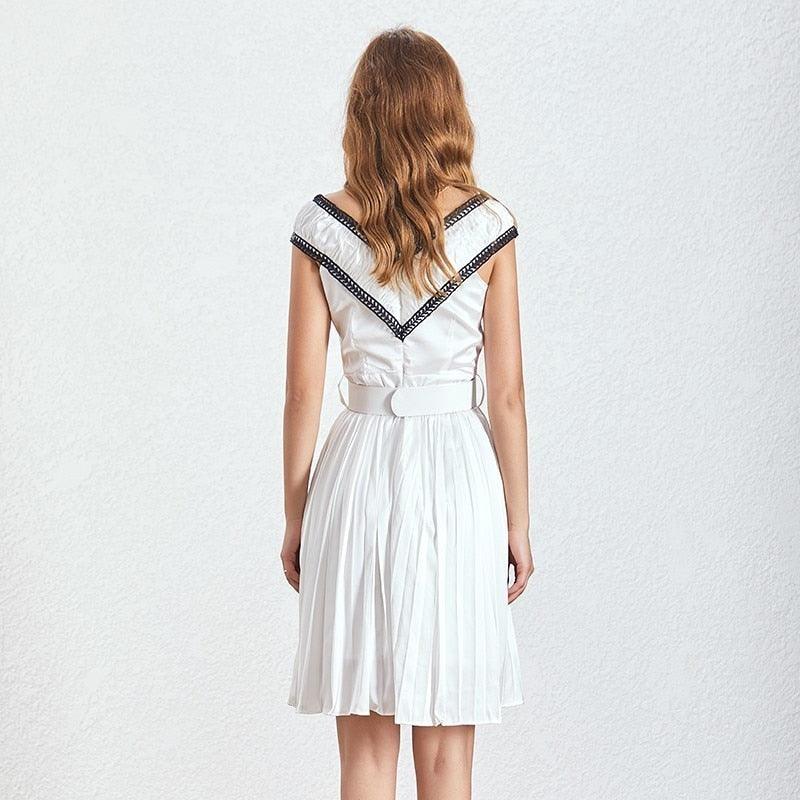 White V Neck Sleeveless High Waist Belt Mini Dress - TeresaCollections