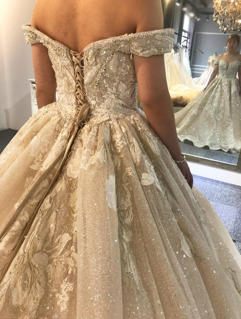 Luxury Beaded Off Shoulder Long Train Bridal Wedding Dress - TeresaCollections