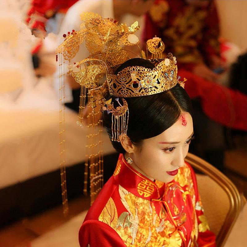 Traditional Chinese Wedding Bride Hair Tiara Empress Princess Long Tassel Queen Hair Accessory - TeresaCollections