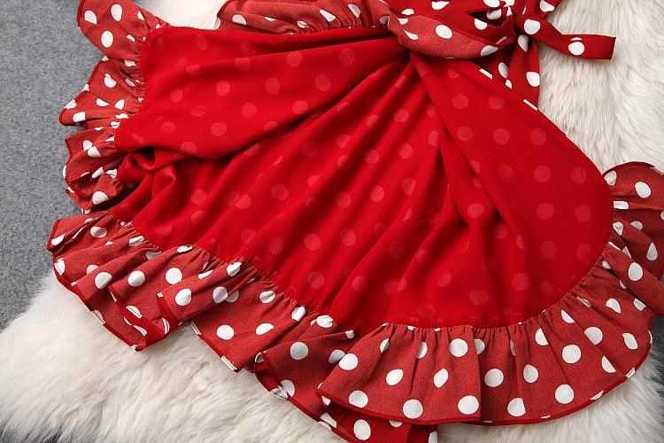 Red Polka Dot Wrap Bow Elegant Dress - TeresaCollections