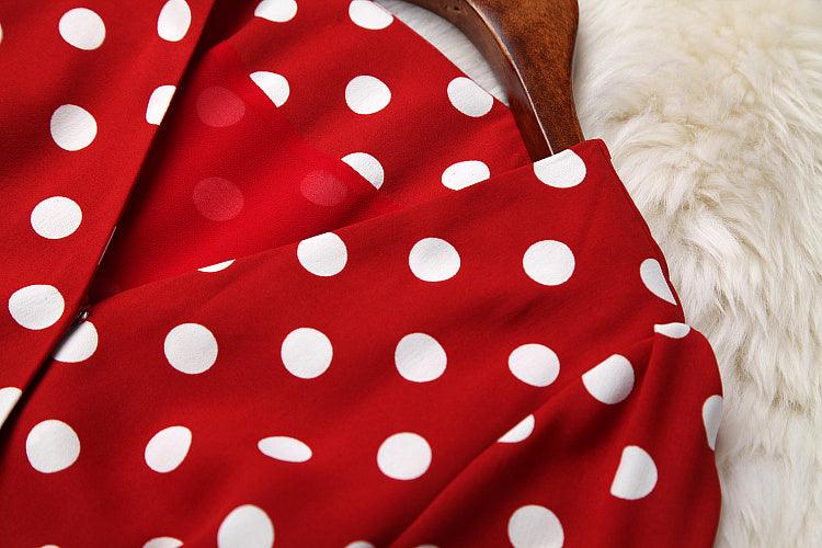 Red Polka Dot Wrap Bow Elegant Dress - TeresaCollections