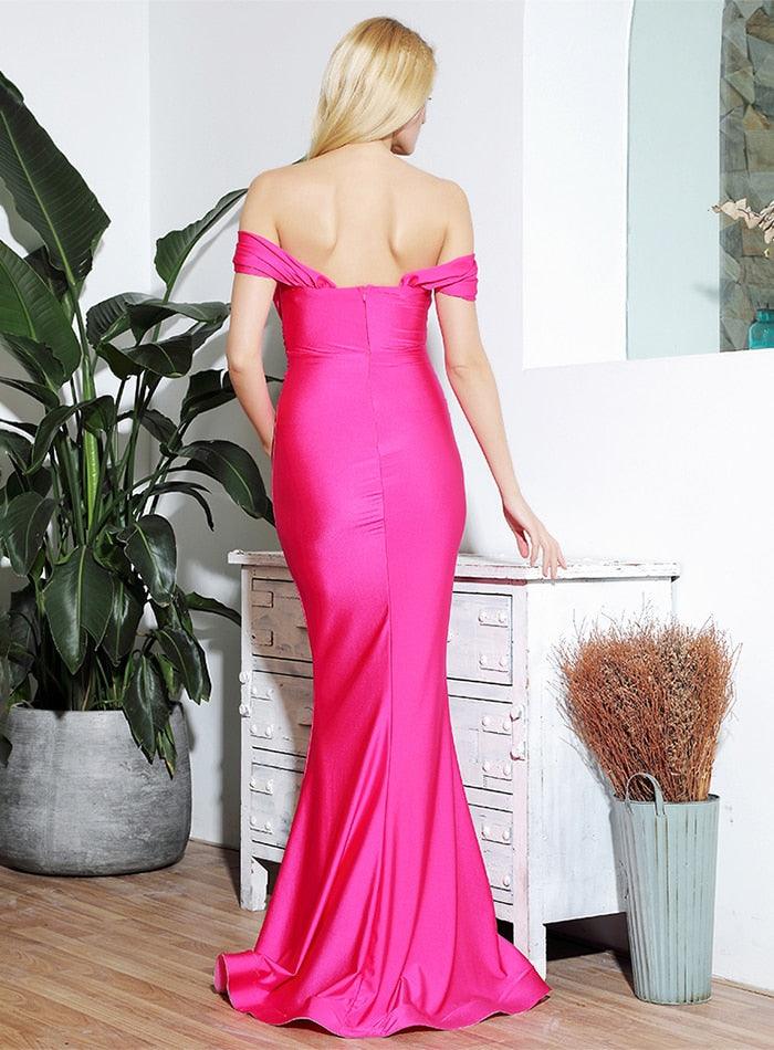 Sexy Hot Pink Tube Top Cross Elastic Shoulder Party Ball Dress Gown - TeresaCollections