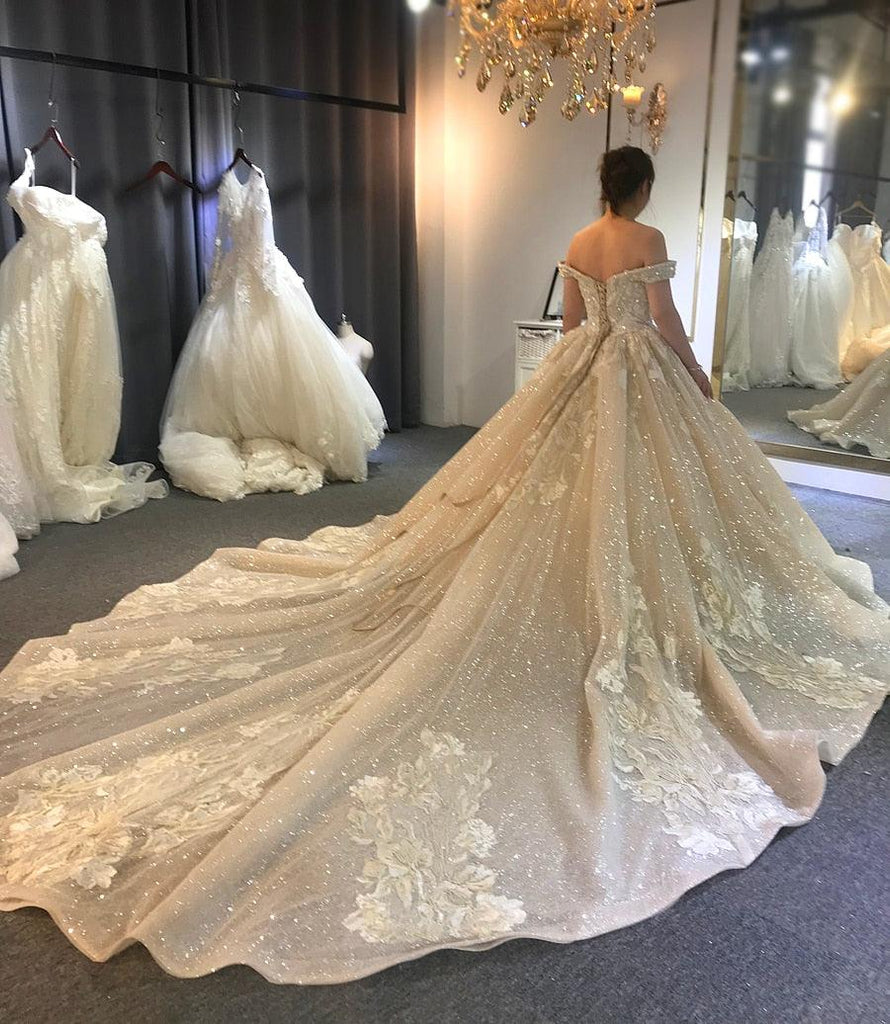 Luxury Beaded Off Shoulder Long Train Bridal Wedding Dress - TeresaCollections
