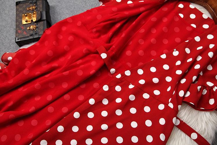 Red Polka Dot Wrap Bow Elegant Dress - TeresaCollections