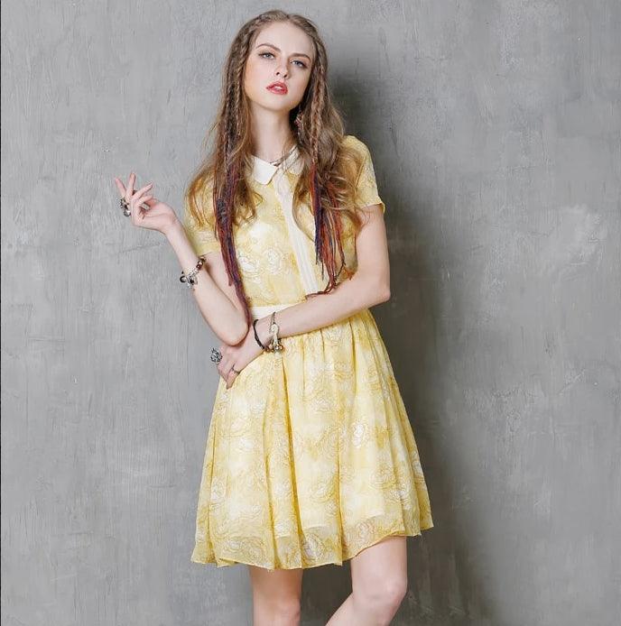 Yellow Short Sleeve Peter Pan Collar Floral Print Dress - TeresaCollections