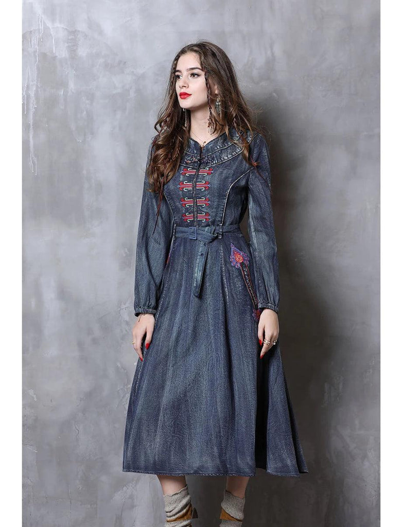 Long Sleeve Vintage Embroidery Belted Denim Dress - TeresaCollections