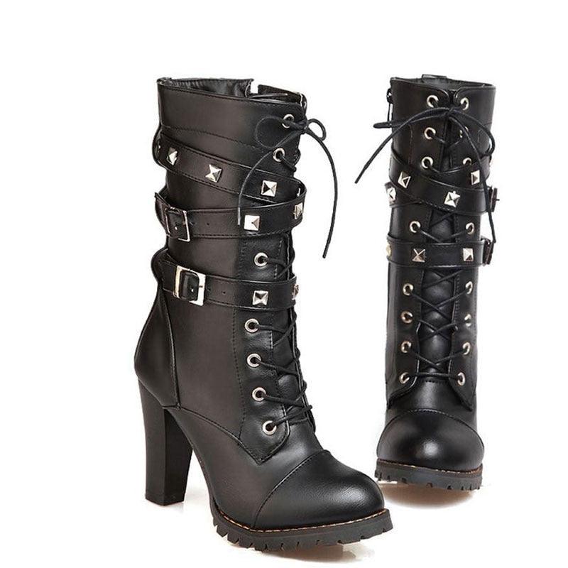 Buckle Zipper Rivets Lace Up Boots - TeresaCollections