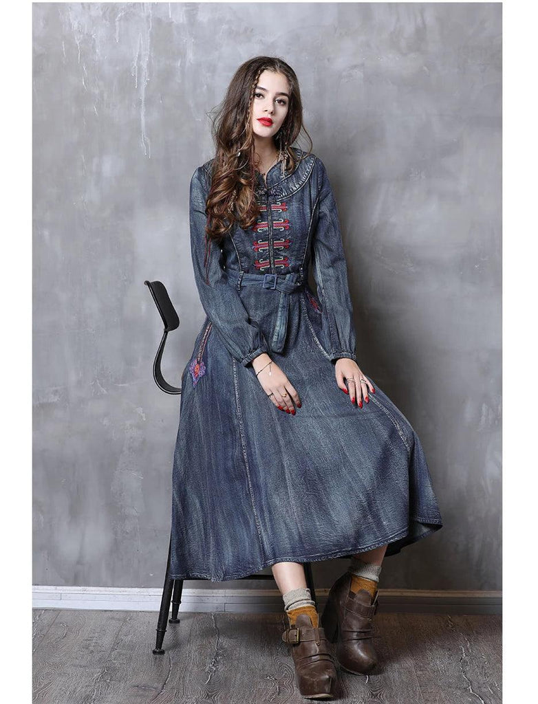 Long Sleeve Vintage Embroidery Belted Denim Dress - TeresaCollections