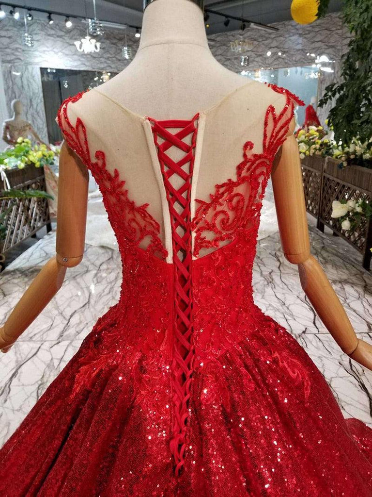 Red Reflective Sleeveless A-line Sparkly Formal Evening Dress - TeresaCollections