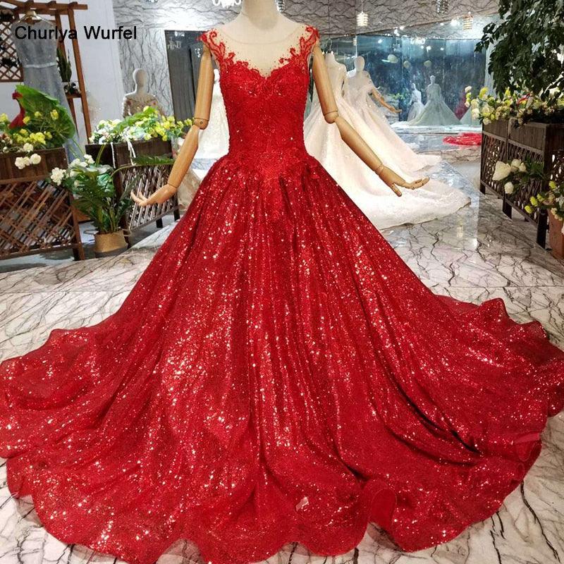 Red Reflective Sleeveless A-line Sparkly Formal Evening Dress - TeresaCollections