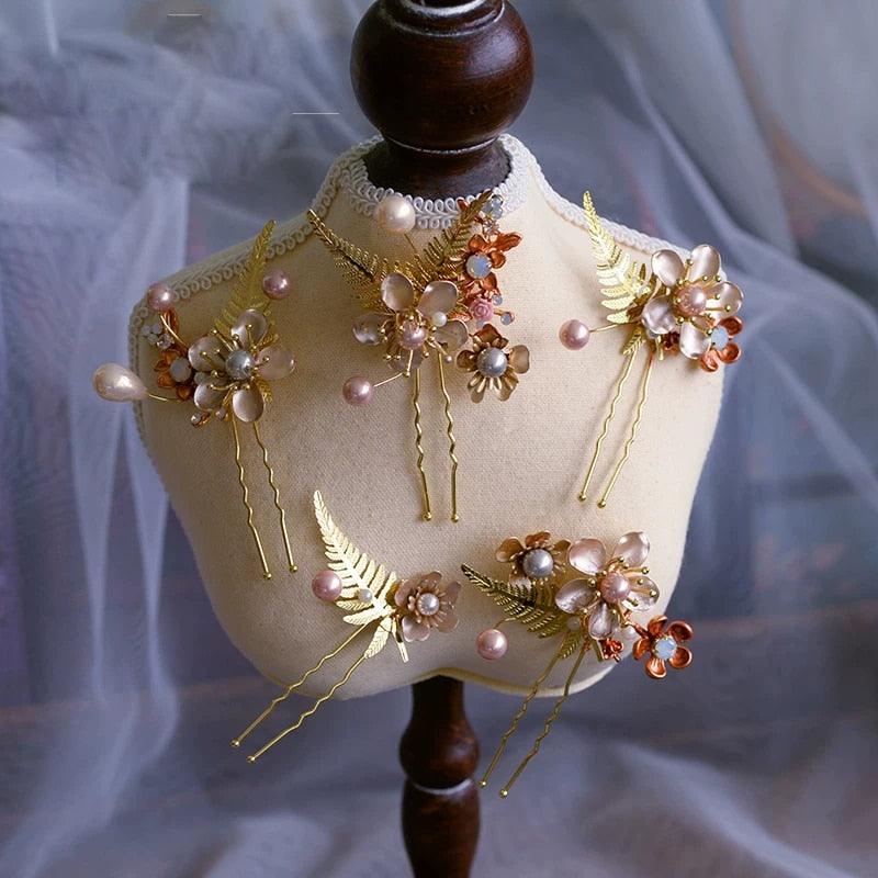 Handmade Wedding Pearls Hair Sticks Flower Tiara - TeresaCollections