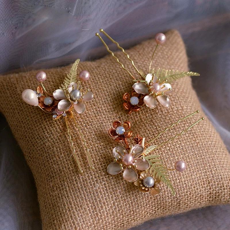 Handmade Wedding Pearls Hair Sticks Flower Tiara - TeresaCollections