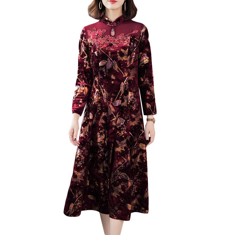 Red Cheongsam Keyhole Velvet Dress Floral Jacquard Vintage Midi Elegant Dress