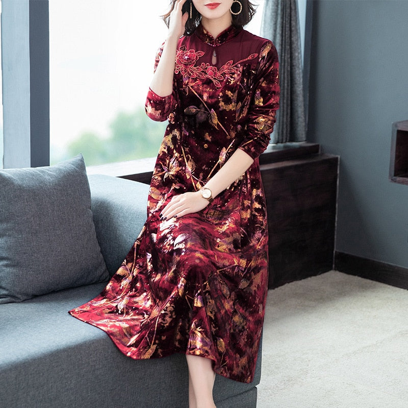 Red Cheongsam Keyhole Velvet Dress Floral Jacquard Vintage Midi Elegant Dress