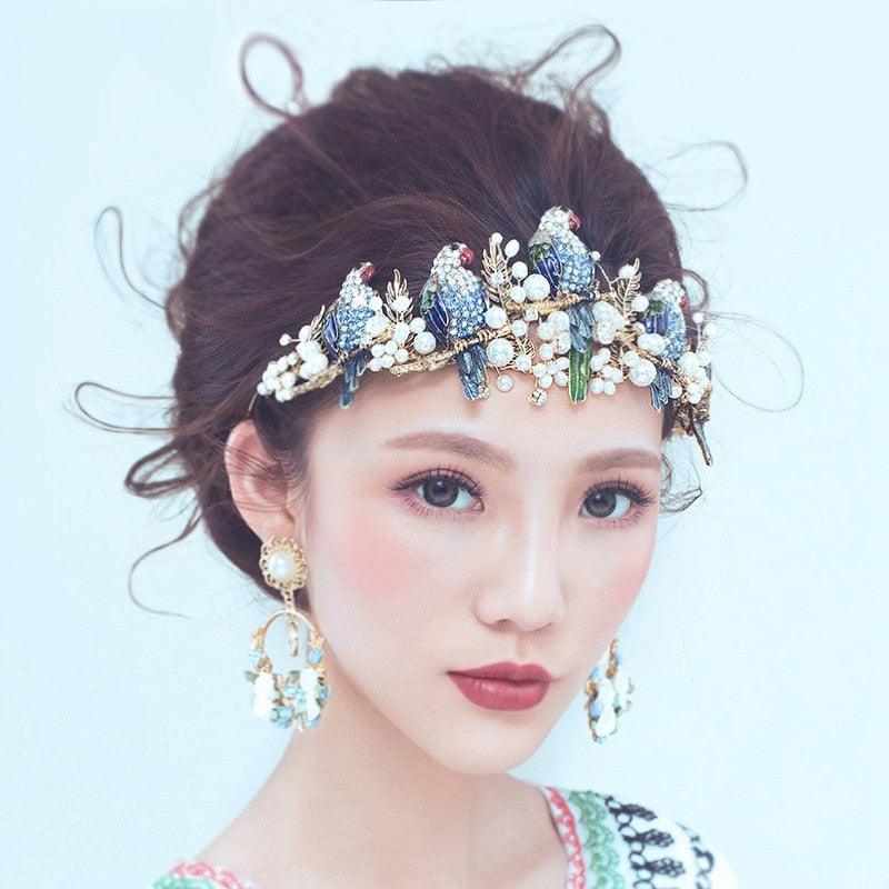 European Style Bird Shape Tiaras Blue Pearl Crystal Bridal Hair Accessories - TeresaCollections