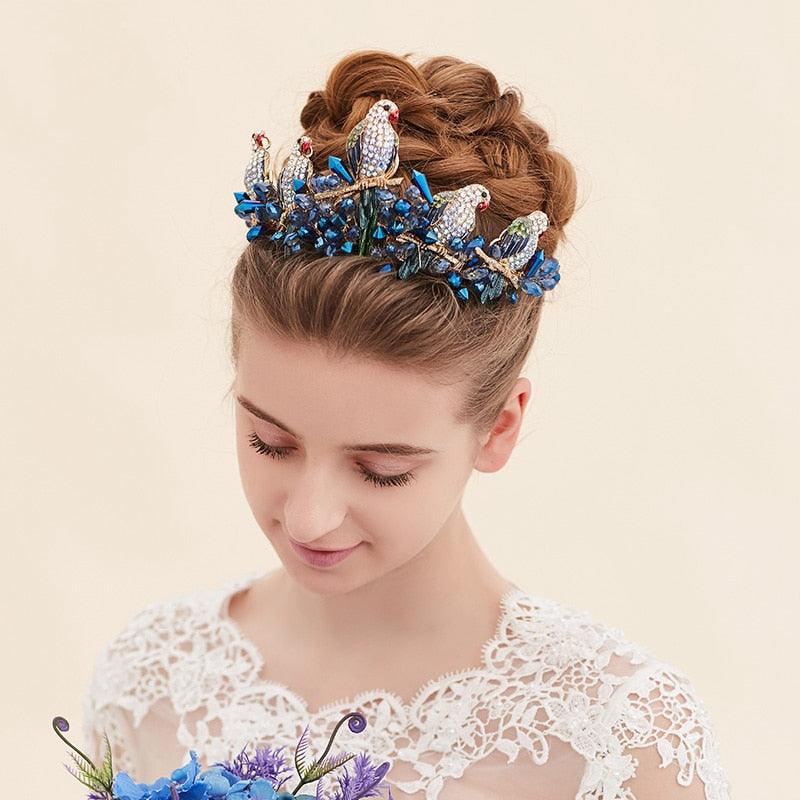 European Style Bird Shape Tiaras Blue Pearl Crystal Bridal Hair Accessories - TeresaCollections