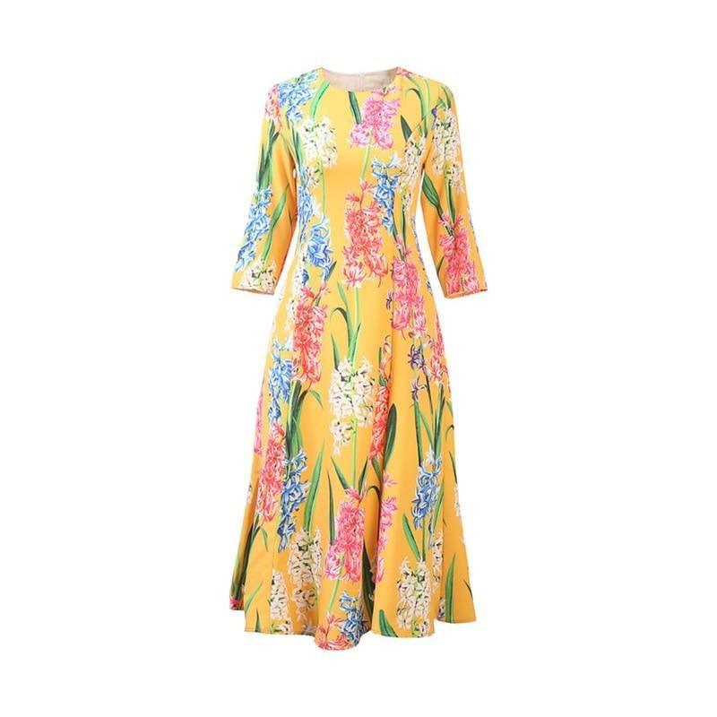 Yellow Flower Pattern Print Elegant Midi Dress - TeresaCollections