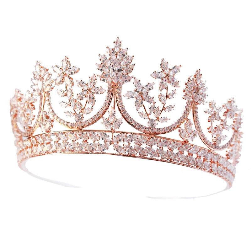 Rose Gold Plate Tiaras Crowns Crystal Bridesl Zircon Wedding Hair Accessories - TeresaCollections