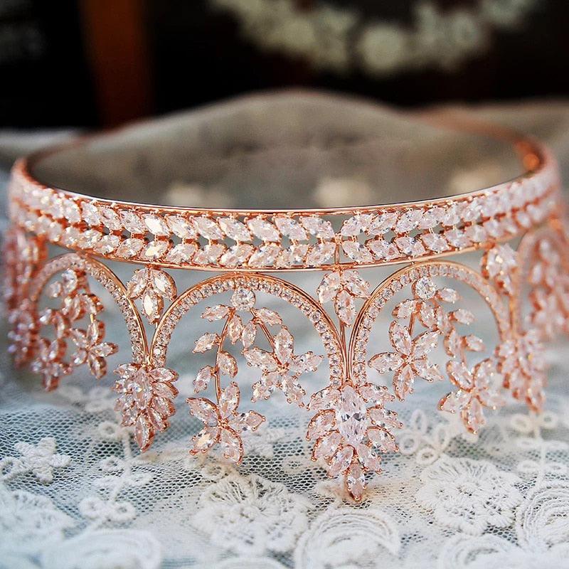 Rose Gold Plate Tiaras Crowns Crystal Bridesl Zircon Wedding Hair Accessories - TeresaCollections