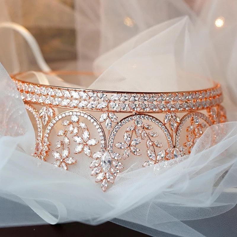 Rose Gold Plate Tiaras Crowns Crystal Bridesl Zircon Wedding Hair Accessories - TeresaCollections