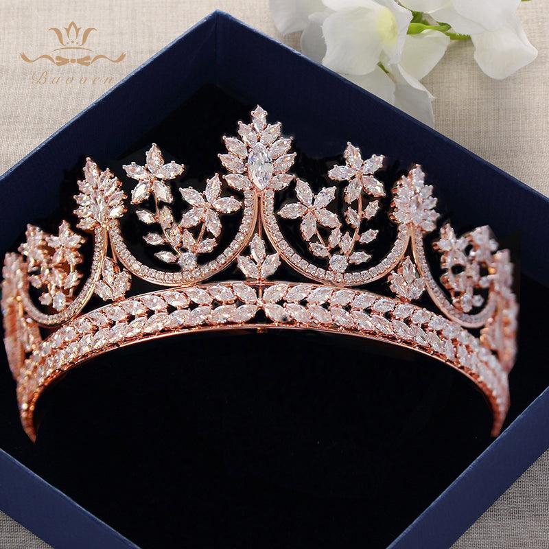 Rose Gold Plate Tiaras Crowns Crystal Bridesl Zircon Wedding Hair Accessories - TeresaCollections