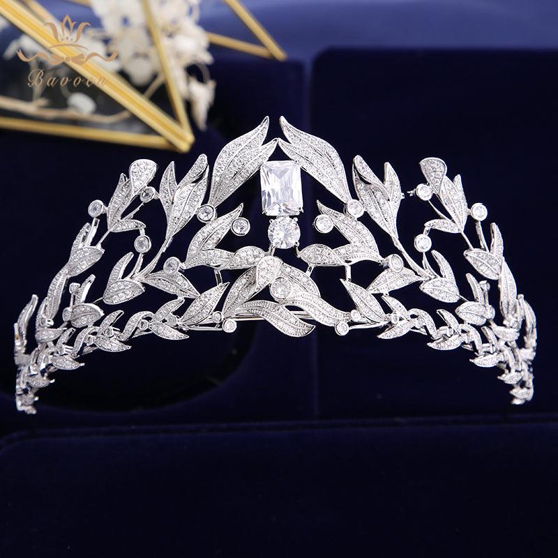 Sparkling Zircon Crystal Silver Leaves Wedding Tiara - TeresaCollections