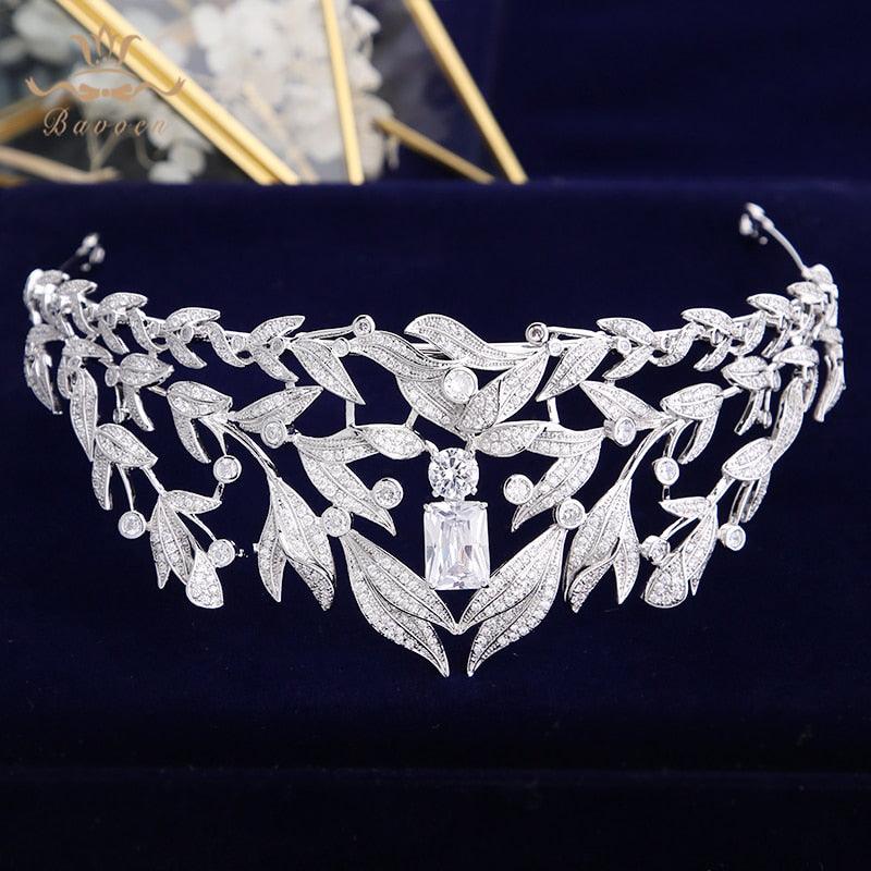 Sparkling Zircon Crystal Silver Leaves Wedding Tiara - TeresaCollections