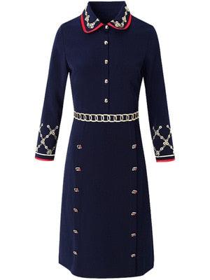 Black Embroidery Long Sleeve Plus Size Vintage Solid Business Work Wear Dress - TeresaCollections