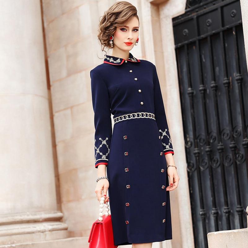 Black Embroidery Long Sleeve Plus Size Vintage Solid Business Work Wear Dress - TeresaCollections