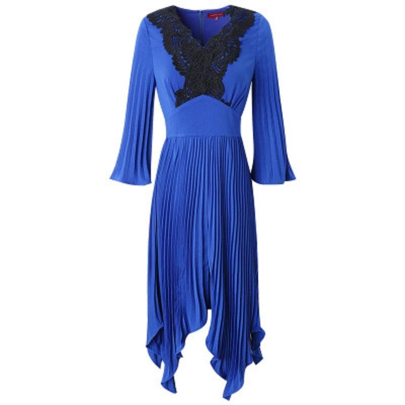 Blue High Street Slim Embroidery Sexy Vintage Asymmetrical Plus Size Dress - TeresaCollections