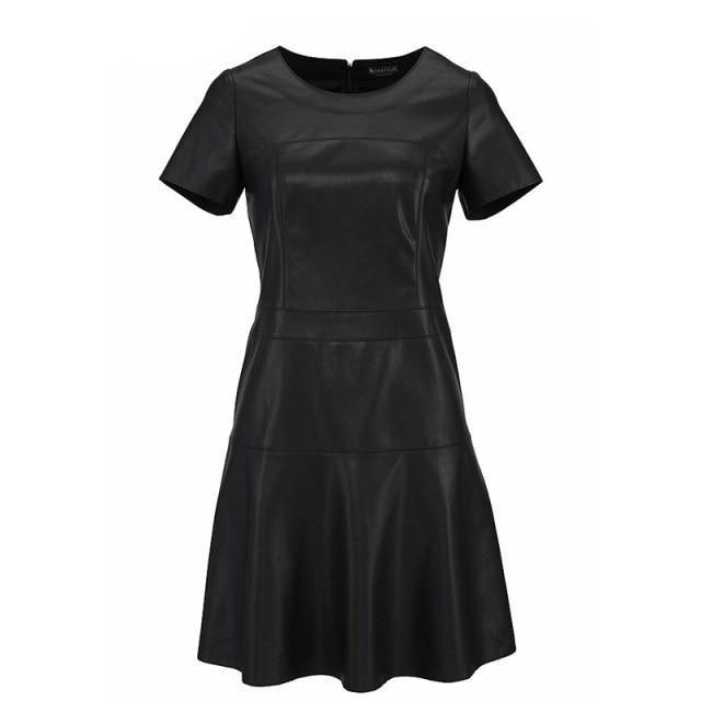 Faux Fashion Leather  A-Line O-Neck Black Dress Casual Mini Dress - TeresaCollections