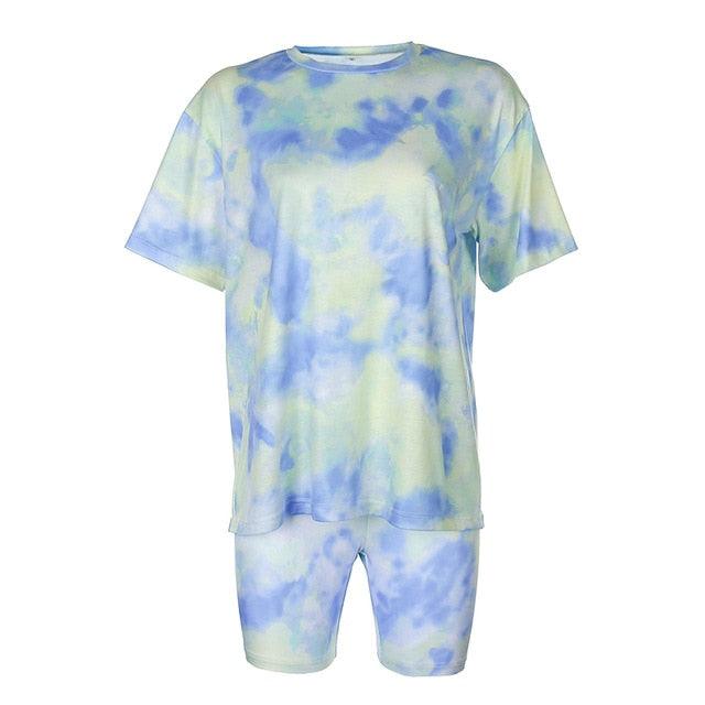 Tie Dye Print Basic T-shirt Shorts Two Piece Set - TeresaCollections