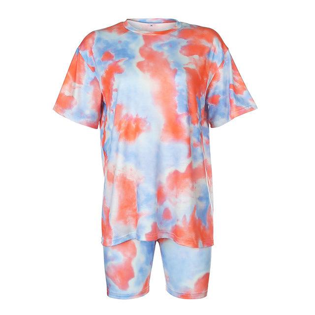 Tie Dye Print Basic T-shirt Shorts Two Piece Set - TeresaCollections