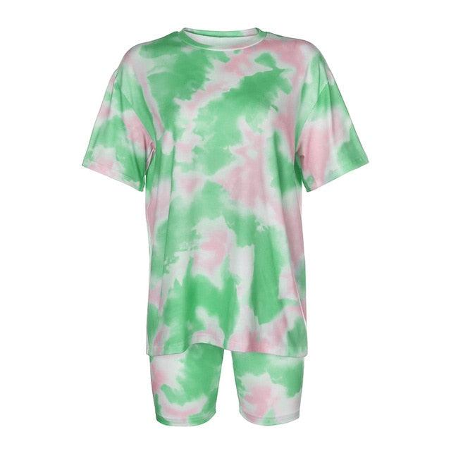 Tie Dye Print Basic T-shirt Shorts Two Piece Set - TeresaCollections