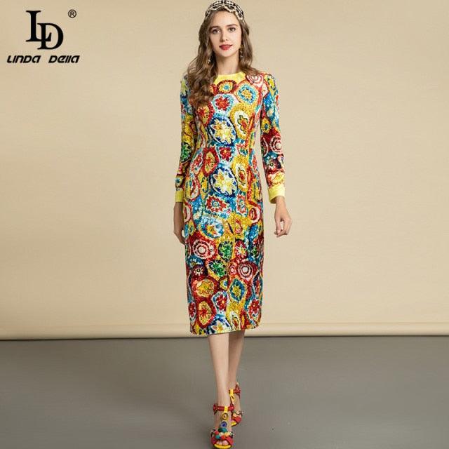 Vintage Long Sleeve Luxury Crystal Beaded Colorful Totem Print Midi Dress - TeresaCollections